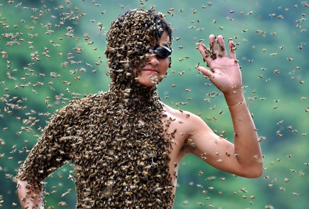 Това може да изглежда като епизод от най-лошия ви кошмар, но в китайския град Шаоян в провинция Хунан е просто гледка от състезание за привличане на най-много пчели, което се е превърнало в ежегодна карнавална традиция.   СНИМКИ: РОЙТЕРС