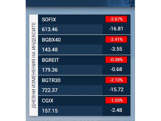 Всички индекси на Българската фондова борса днес губят позиции