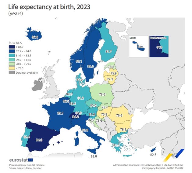 Продължителност на живота в ЕС през 2023 г. Графика: Евростат