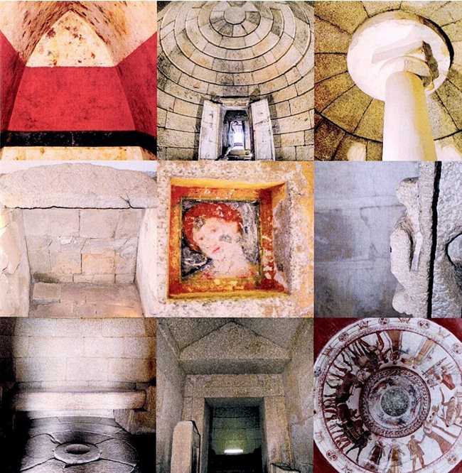 Колаж от деветте тракийски гробници от царския некропол на Севт
