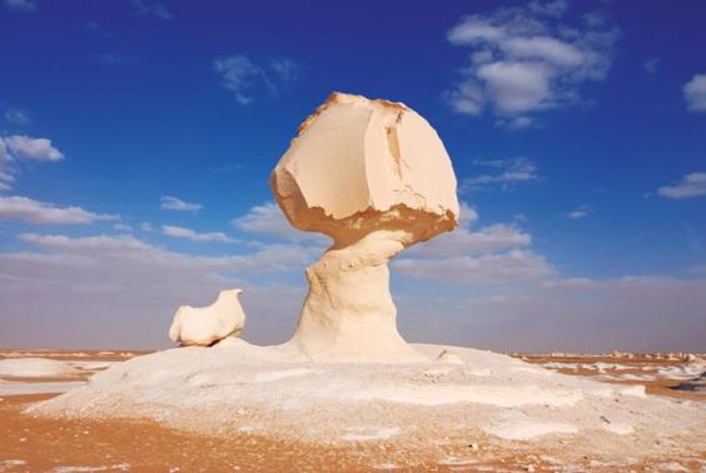 Египет: Бялата пустиня Фарафра, Западната пустиня. Бялата пустиня се намира на 40 км северно от Фарафра - оазис, в който можете да се потопите в горещ поток.