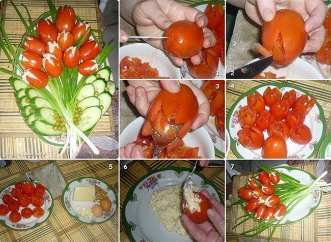 Лалета от домати, пълни със смес от сирене и яйца. Отстрани можете да наредите краставици или друг зелен зеленчук